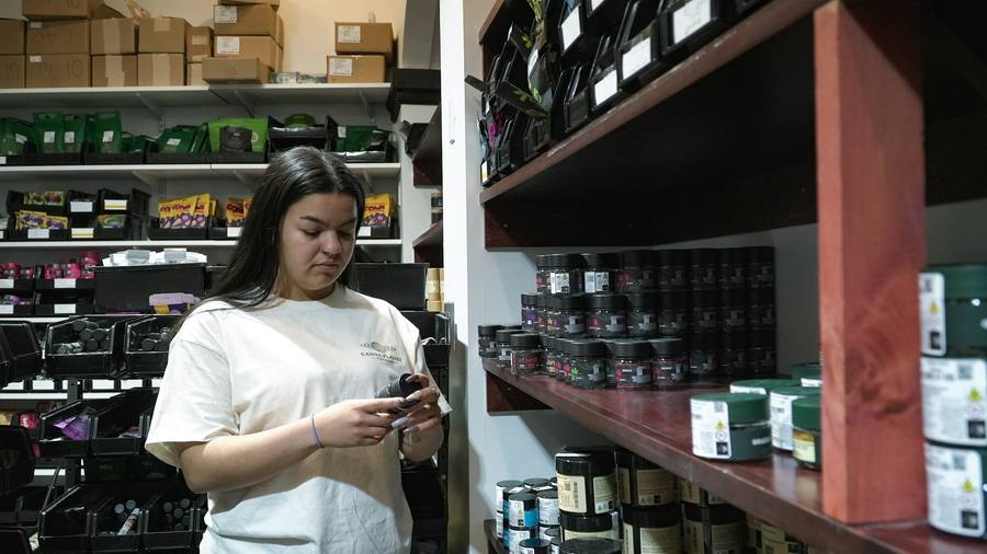 Dispensary employee checking stock on a shelf of packaged products