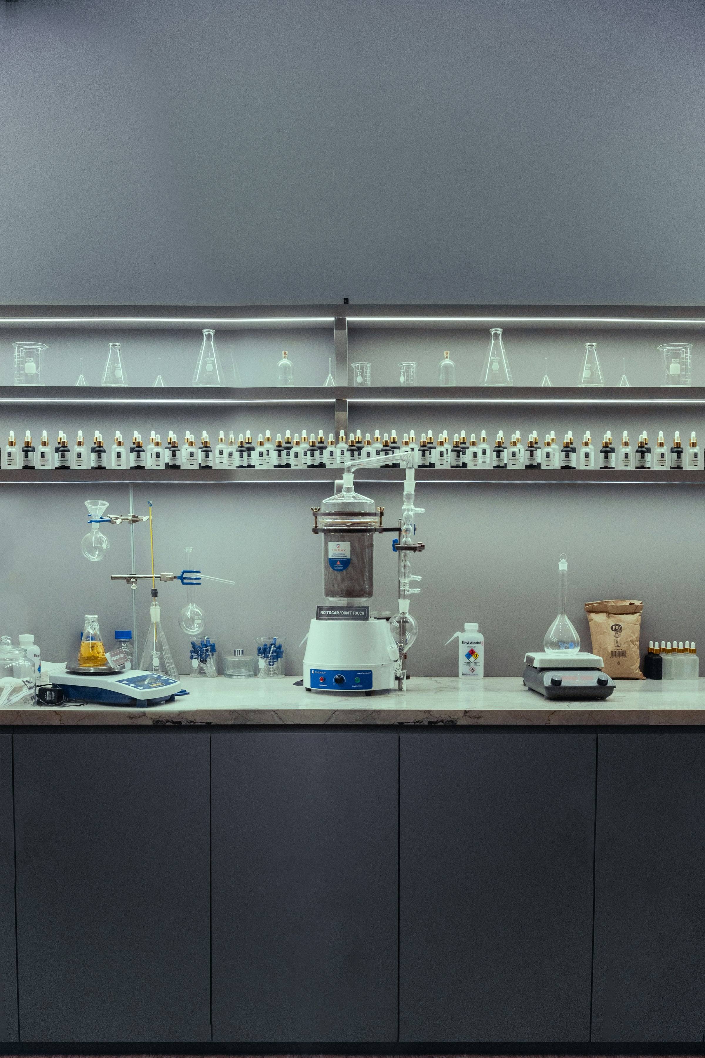 Extraction lab bench with glassware and equipment